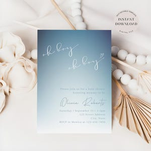 Convite para chá de bebê Oh Boy, convite editável para chá de bebê DIY, chá de bebê menino azul, modelo de convite minimalista para bebê, download instantâneo