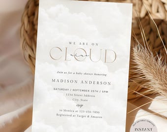 Cloud Nine Baby Shower Invitation, Editable We're On Cloud 9 Invite, Gender Neutral Baby Shower, Printable Template, Instant Download