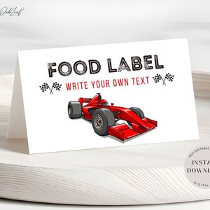 Etiqueta editable de comida de coche de carreras, tarjetas de tienda de comida de fiesta de cumpleaños de coche rápido, tarjeta de nombre de mesa de cumpleaños de niños, tarjeta de lugar imprimible, descarga instantánea
