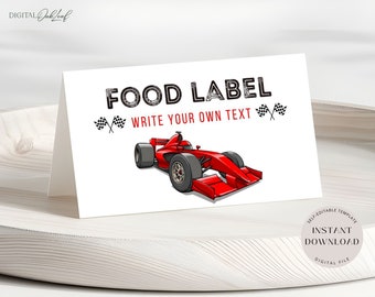 Etiqueta editable de comida de coche de carreras, tarjetas de tienda de comida de fiesta de cumpleaños de coche rápido, tarjeta de nombre de mesa de cumpleaños de niños, tarjeta de lugar imprimible, descarga instantánea
