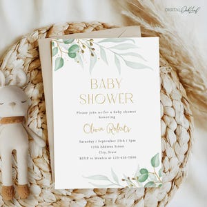 Faire-part de baby shower de verdure bohème modifiable, modèle d'invitation de baby shower d'eucalyptus, invitation de baby shower de genre neutre, téléchargement immédiat