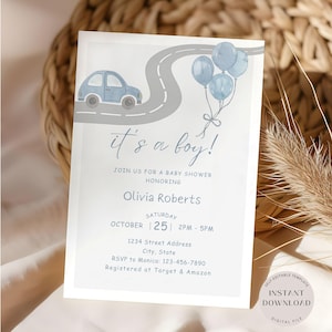 Auto babyshower uitnodiging, bewerkbare blauwe auto en ballonnen nodigen uit, It's A Boy Invite, jongensbabyshower, direct downloaden