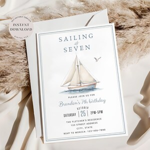 Invito a vela modificabile, modello di invito nautico per qualsiasi età, invito per festa di compleanno moderna a tema marino, biglietto minimalista, download immediato