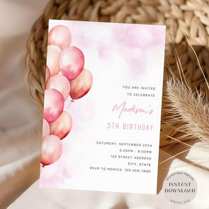 Luftballons Geburtstagseinladung, bearbeitbar Blush Pink Party einladen, Rosa Luftballons Kindereinladungsvorlage, Mädchen einladen, digitaler Download