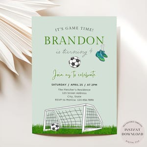 Modello di invito per compleanno a tema calcio, invito per festa di calcio modificabile, invito per compleanno di ragazzi, invito per compleanno sportivo stampabile, download immediato