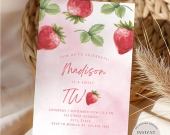 Invitación de cumpleaños de fresa, plantilla editable de invitación dulce de bayas, invitación rosa para una segunda fiesta, invitación para el segundo cumpleaños de una niña, descarga digital