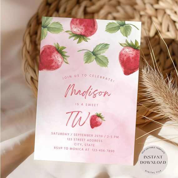 Strawberry Birthday Invite, Editable Berry Sweet Invitation Template, Pink Second Party Invite, Girls 2nd Birthday Invite, Digital Download