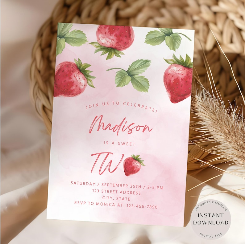 May include: Pink and white watercolor birthday invitation with a strawberry theme. The invitation says "Join us to celebrate Madison is a sweet two" and includes the date, time, and RSVP information.