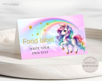 Editable Unicorn Food Label, Pony Birthday Party Food Tent Cards, Buffet Tent Card, Table Name Card, Printable Place Card, Instant Download