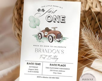 May include: A printable invitation for a first birthday party with a race car theme. The invitation features a cartoon illustration of a red toy car with a number one on the side, and the words "Our little racer is a fast one". The invitation also includes the text "Race on over to celebrate Brandon's First Birthday", along with details for the party, including the date, time, and location.