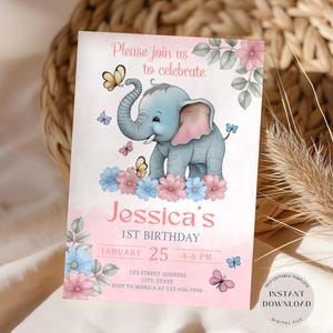 Invitación de cumpleaños de elefante, invitación de primer cumpleaños en rosa, plantilla de invitación editable para niñas, invitación floral editable, descarga instantánea