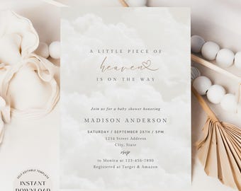 A Little Piece Of Heaven, Baby Shower Invitation, Heaven Sent Baby, Beige Clouds Baby Shower, Gender Neutral Template, Digital Download
