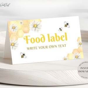 Etiqueta de comida de abelhas, cartões de barraca de comida de aniversário de abelhas editáveis, cartão de barraca de bufê, cartão de nome de mesa amarelo, cartão de lugar para impressão, download instantâneo