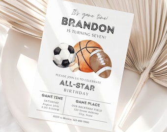 Invito di compleanno sportivo modificabile, modello di invito sportivo All Star, gioco di palla sportiva per bambini, basket, calcio, invito di baseball