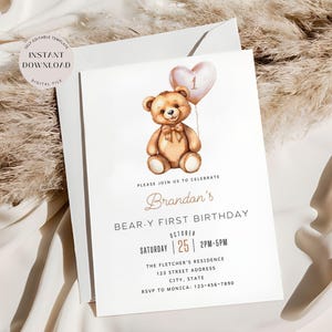 Teddybeer verjaardagsuitnodiging, bewerkbare ballon sjabloon 1e verjaardagsuitnodiging, Bear-y eerste verjaardagsfeestje, digitale download