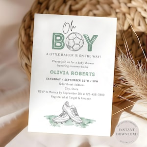 Sports Baby Shower Invite, It&#39;s A Boy Baby Shower Invitation, A Little Baller Is On The Way, Editable Soccer Invite, Instant Download