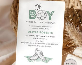 Sports Baby Shower Invite, It's A Boy Baby Shower Invitation, A Little Baller Is On The Way, Editable Soccer Invite, Instant Download