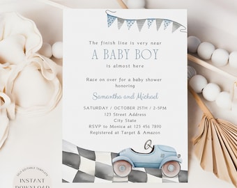 Race Car Baby Shower Invite, Racing Car Baby Shower Invitation, Our Little Racer is On The Way, Boys Baby Shower Party, Instant Download