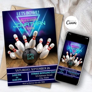 Bowling verjaardagsuitnodiging, bewerkbare bowlingsjabloon, Bowling digitale Evite, sportfeestuitnodiging, jongens Glow Bowling uitnodiging