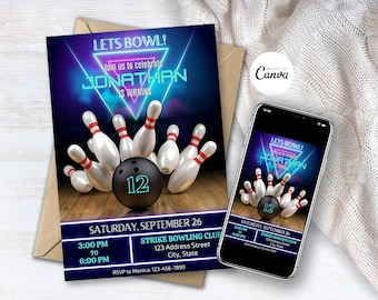 Bowling Birthday Invitation, Bowling Editable Template, Bowling Digital Evite, Sports Party Invite, Boys Glow Bowling Invitation
