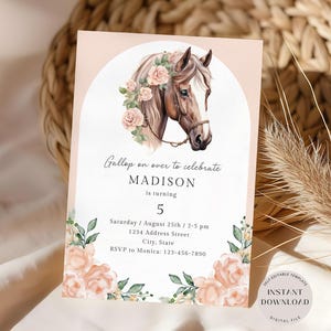 Faire-part d'anniversaire cheval, invitation anniversaire Floral modifiable, modèle d'invitation poney filles, faire-part ferme fleurs roses, téléchargement numérique