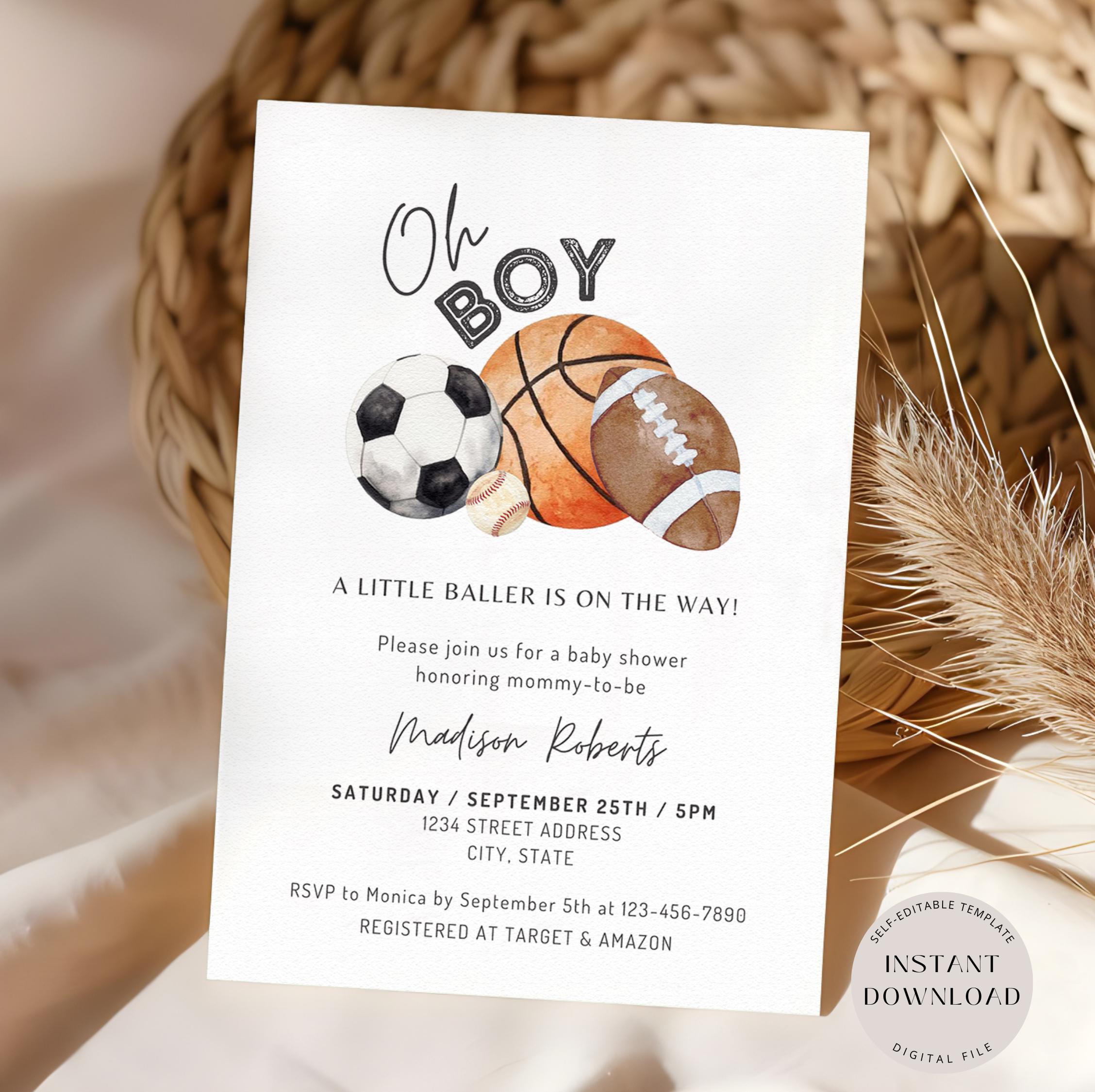 Sports Baby Shower Invite, It's A Boy Baby Shower Invitation, A Little Rookie Is On The Way, Editable Little Baller Invite, Instant Download
