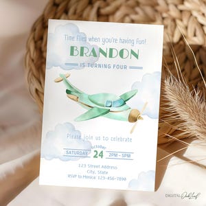 Modèle d'invitation d'anniversaire d'avion, invitation de fête d'anniversaire d'aviation modifiable, invite de garçons de tout âge, inviter le temps passe vite, téléchargement immédiat