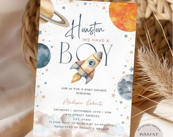 Space Baby Shower Invitation, Houston We Have a Boy Baby Shower Invite Template, Galaxy Planet Stars, Welcome To The World, Instant Download