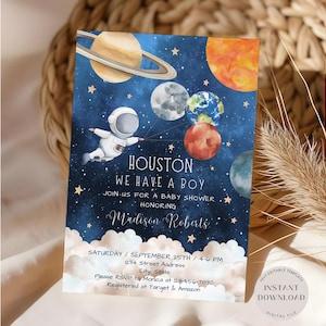 Houston We Have A Boy Baby Shower, Modello di invito per baby shower spaziale, Invito a stelle del pianeta galassia, È un invito per maschietto, Download immediato