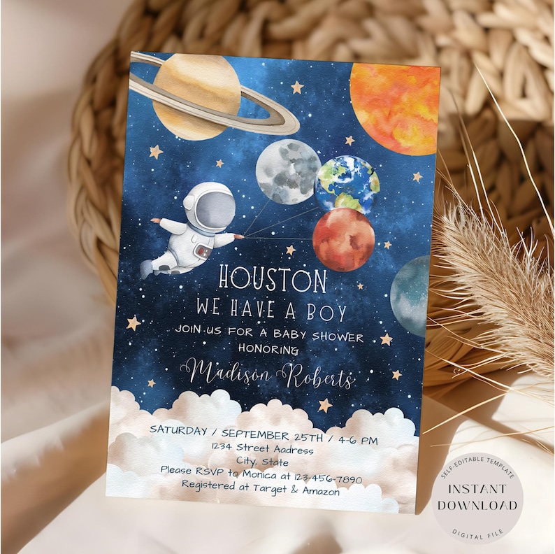May include: A blue and white baby shower invitation with a cartoon astronaut holding balloons shaped like planets. The text reads "Houston, We Have A Boy" and includes the date, time, and RSVP information.