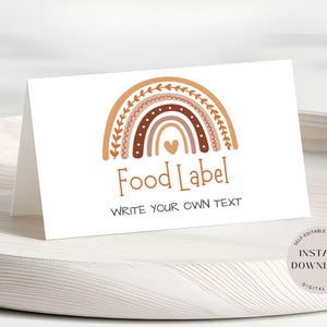 Etiqueta de comida Boho Rainbow, cartões editáveis para barraca de comida, cartão para barraca de bufê, cartão com nome para mesa de aniversário, cartão de lugar para impressão, download instantâneo