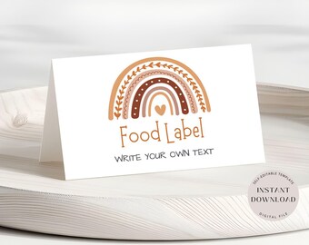 Etichetta per alimenti Boho Rainbow, biglietti modificabili per tende da buffet, biglietti per tavoli da compleanno, segnaposto stampabili, download immediato