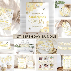 Editable Bee-Day Birthday Bundle Template, First Honey Bee Birthday Bundle, Girls 1st Birthday Party Package, Digital Instant Download