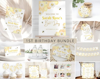 Editable Bee-Day Birthday Bundle Template, First Honey Bee Birthday Bundle, Girls 1st Birthday Party Package, Digital Instant Download