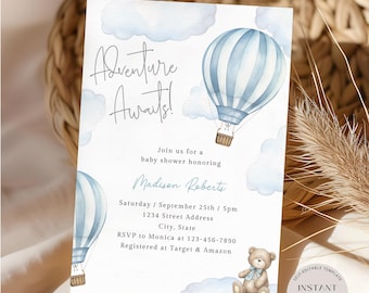 Hot Air Balloon Baby Shower Invite, Editable Adventure Awaits Baby Shower Invitation, Boy Baby Shower Invitation, Digital Download