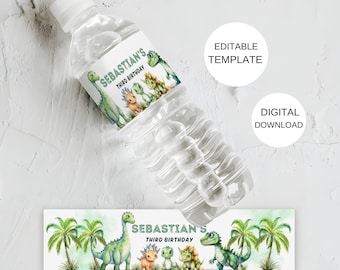 May include: Editable water bottle label template featuring a green dinosaur design with the text "Sebastian's Third Birthday".