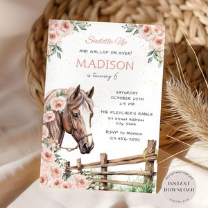 Invitation d'anniversaire de cheval, modèle d'invitation florale, invitation de poney de filles, invitation d'anniversaire de ferme florale rose, téléchargement immédiat