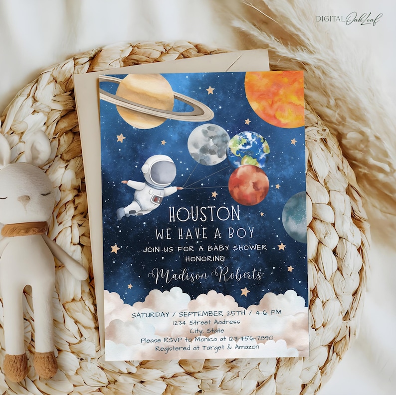 May include: Blue baby shower invitation with a watercolor illustration of an astronaut holding balloons shaped like planets. The text reads "Houston, We Have a Boy" and includes the name "Madison Roberts".