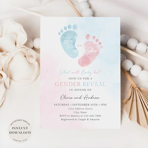 Fußabdrücke Geschlecht offenbaren einladen, bearbeitbare Einladungsvorlage für Jungen oder Mädchen, rosa oder blaues Baby, Team Junge oder Mädchen, digitaler Download