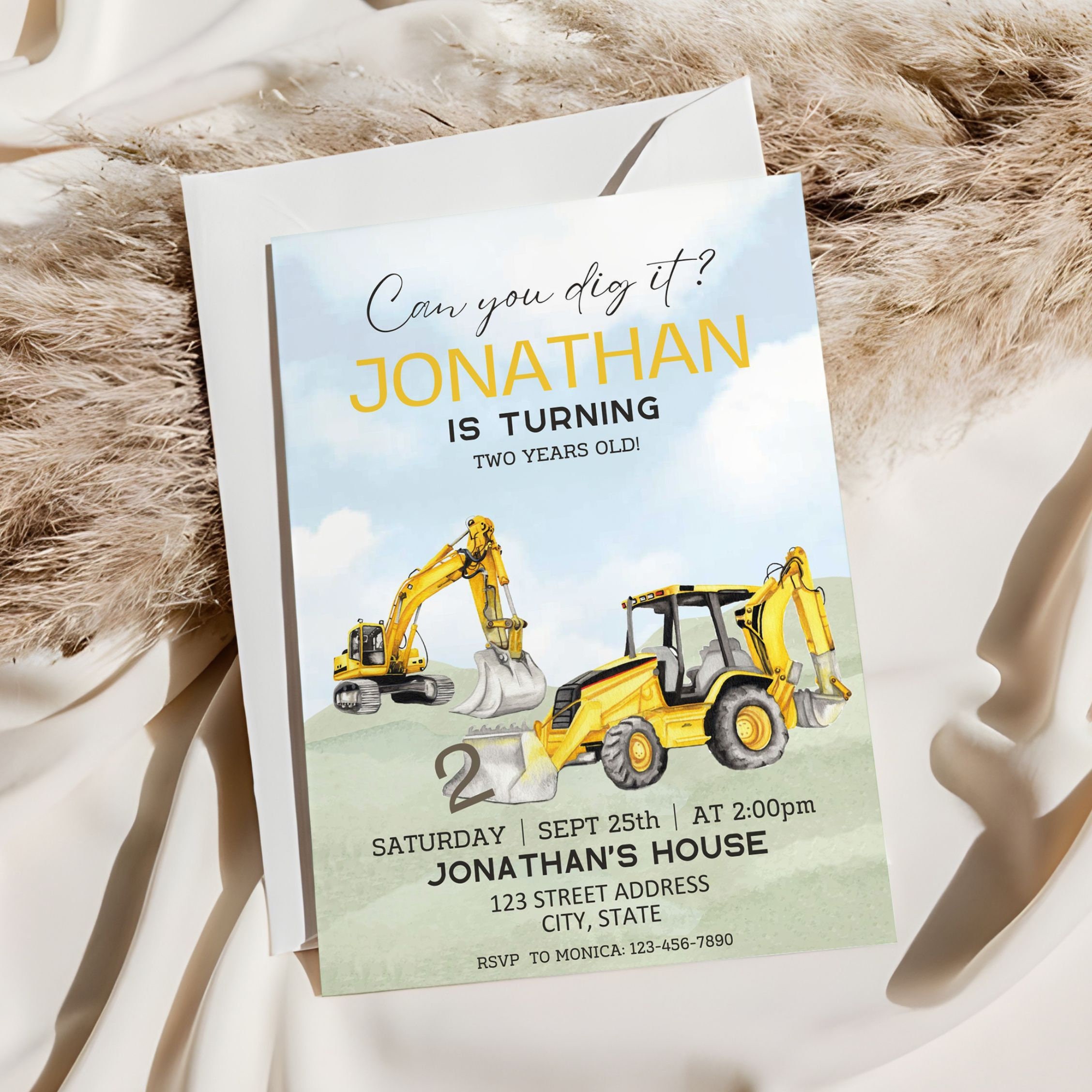 Loader Tractor Birthday Party Invitation, Editable Excavator Invite, Boys Construction Invitation, Construction Thank You Tag