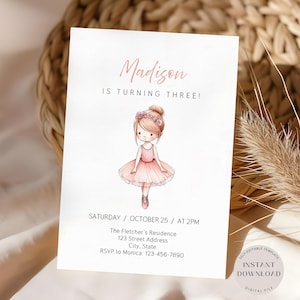 Faire-part d'anniversaire ballerine, invitation de fête de filles de ballet modifiable, modèle d'invitation de danse pour enfants, invitation de danse minimaliste, téléchargement immédiat