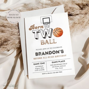 Basketball-Geburtstags-Einladungsvorlage, bearbeitbare minimalistische Basketball-Party einladen, einfache Sportparty zum 2. Geburtstag, sofortiger Download
