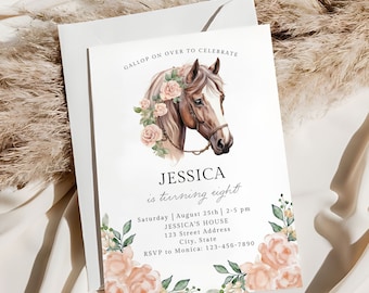 Editable Horse Invitation Template, Floral Horse Birthday Invite, Girly Horse Invite, Pink Floral Farm Birthday Invitation, Instant Download