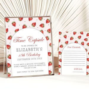 Modèle de capsule temporelle aux fraises, capsule pour la première fois aux baies modifiable et carte de correspondance assortie, cadeau d'anniversaire imprimable, téléchargement immédiat