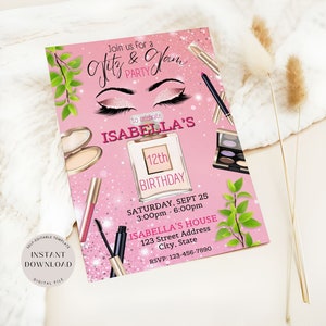 Invito per festa di compleanno con trucco, modello di invito modificabile per spa glamour, ragazze sfarzose e glamour, invito per festa di ragazze, download immediato