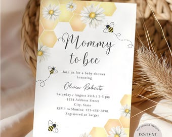 Bee Baby Shower Invitation, Mommy to Bee Baby Shower Invite, A Little Honey Invitation, Bee Girl Invitation Template, Instant Download