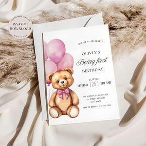 Verjaardagsuitnodiging teddybeer, bewerkbare roze ballonnen uitnodigen sjabloon, Beary First Party Invite, meisjes 1e verjaardag, digitale download