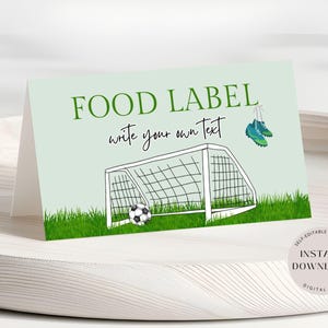 Etiqueta de comida de futebol, cartões de barraca de comida para festa de aniversário de futebol, modelo de cartão de nome de mesa de futebol, cartão de lugar para impressão, download instantâneo