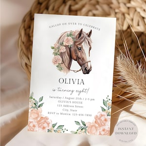 Faire-part d'anniversaire cheval, modèle d'invitation cheval floral modifiable, invitation poney girly, faire-part d'anniversaire ferme floral rose, téléchargement immédiat