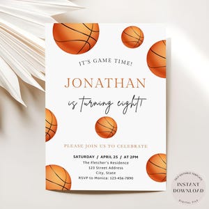 Modèle d'invitation d'anniversaire de basket-ball, invitation de fête d'anniversaire de basket-ball minimaliste modifiable, invitation de fête de sport simple, téléchargement immédiat